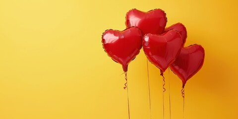 Red balloons in the shape of a heart isolated on yellow background with copy space, Valentine's Day
