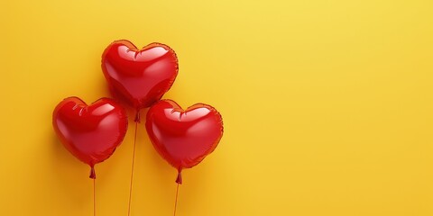 Red balloons in the shape of a heart isolated on yellow background with copy space, Valentine's Day
