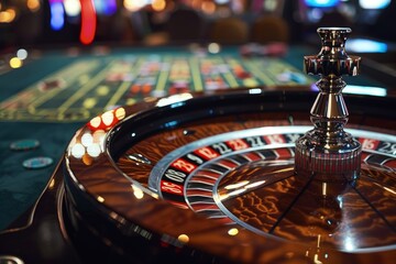 Roulette on a casino betting table with cards and chips