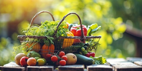Straw basket with vegetables and fruits on wooden table outdoors - obrazy, fototapety, plakaty