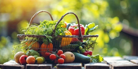 Zelfklevend Fotobehang Straw basket with vegetables and fruits on wooden table outdoors © Kaleb
