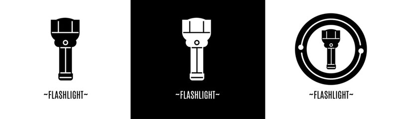 Flashlight logo set. Collection of black and white logos. Stock vector.