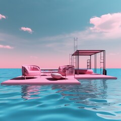 Pink platform floating on water with pink furniture and pergola