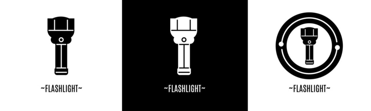Flashlight logo set. Collection of black and white logos. Stock vector.