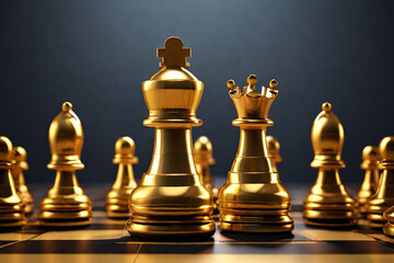Golden chess pawn breaking free from the line, symbolizing innovative thinking, change, and disruption. Unique concept portrayed in 3D render.