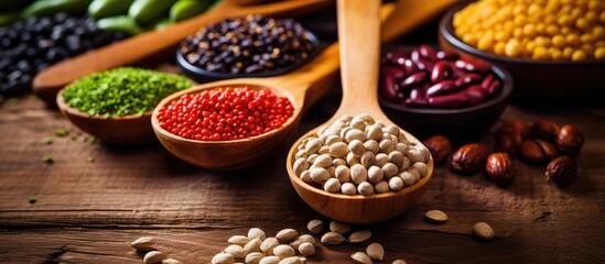 Diabetic-friendly health food with blood sugar monitor, legumes in spoons rich in nutrients and antioxidants, low GI.
