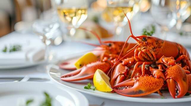 Exquisite Whole Lobster Served on a Fine Dining Table Setting, with Lemon and Herbs Enhancing the Flavorful Seafood Experience