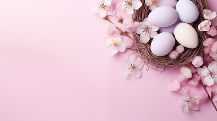 Naklejka na ściany i meble Easter concept pink background with eggs in the nest and flowers