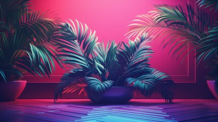 Indoor Plants and Leaves Graphic Background Vaporwave and 80's Colors  - obrazy, fototapety, plakaty