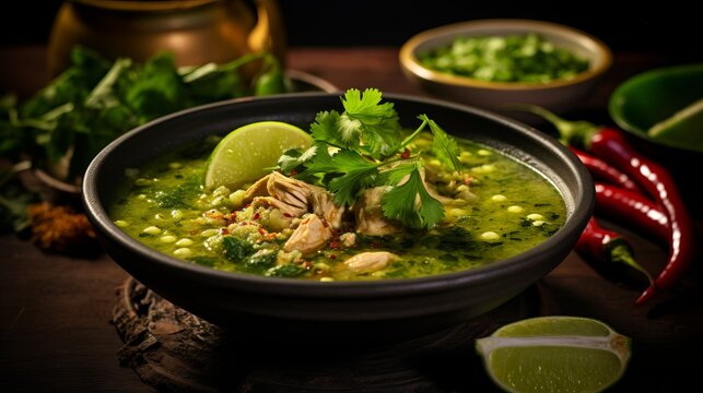 Pozole Verde With Chicken Tomatillos Professional Photo