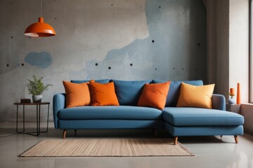 Interior home design of modern living room with blue sofa and old gray concrete wall