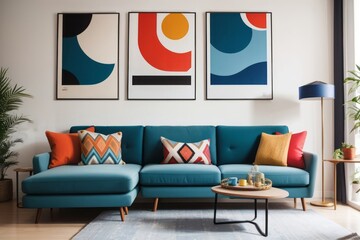 Interior home design of modern living room with blue sofa with colorful abstract art poster frame on white wall