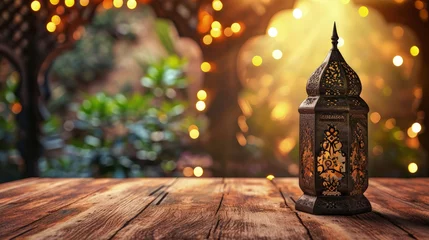 Foto op Plexiglas Ramadan card with arabic lantern on wooden table © Kaleb