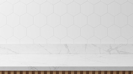 Empty space white marble top surface on white tiles wall background with natural lighting. Mockup...