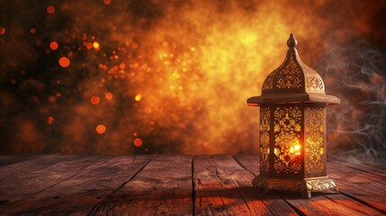 Ramadan card with arabic lantern on wooden table