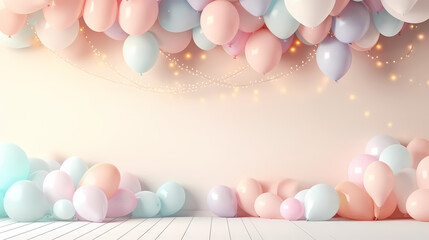 Party balloons, birthday decoration background, anniversary, wedding, holiday with space for text