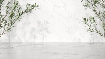 Empty space white marble top surface on white tiles wall background. Green plants with natural lighting. Mockup scene display for products presentation. 