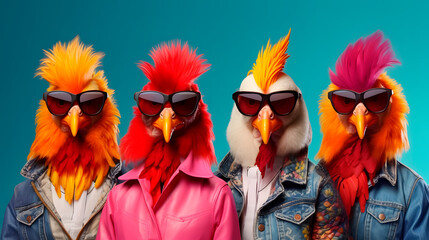 Creative animal concept. Rooster bird in a group, vibrant bright fashionable outfits isolated on solid background advertisement, copy text space.