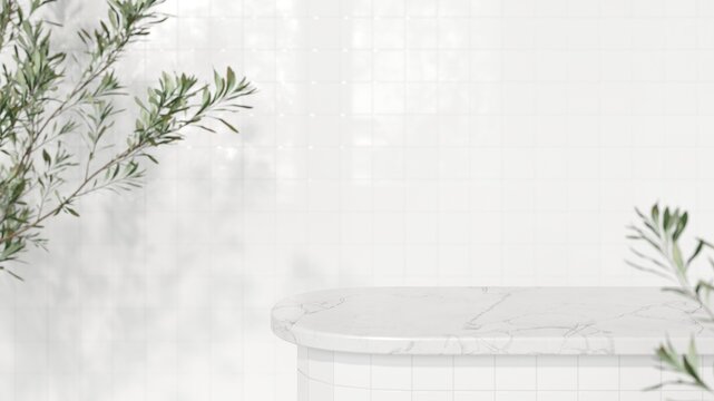 Empty space white marble top surface on white tiles wall background. Green plants with natural lighting. Mockup scene display for products presentation. 