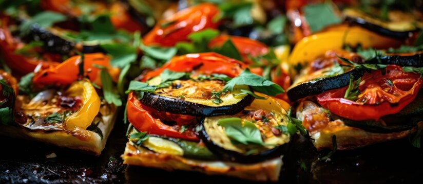 Up-close photo of tasty vegetable pizza slices.