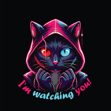 Cute lettering cool black evil cat wearing hoodie with red and blue bi colored eyes, typography eps cartoon concept vector illustration for t shirt, hoodie, clipart, poster, banner, sticker multiuse.