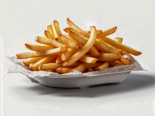 Tasty delicious French fries in a white bowl white background