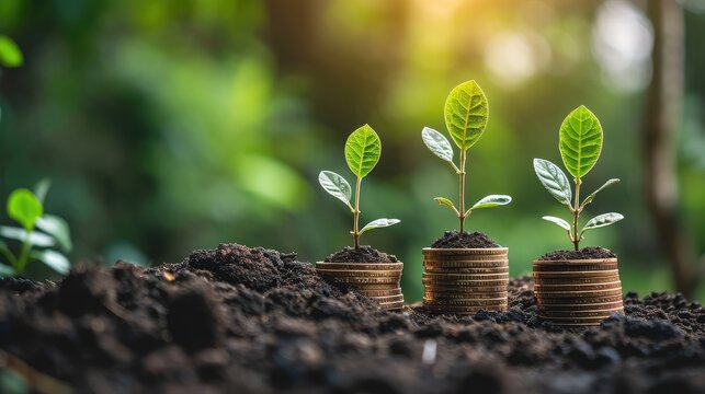 Growing money,finance and investment. Seedling are growing with business arrow of growth.