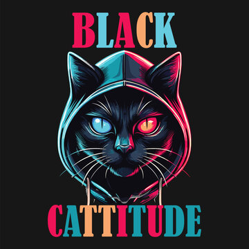 Cute lettering cool black evil cat wearing hoodie with red and blue bi colored eyes, typography eps cartoon concept vector illustration for t shirt, hoodie, clipart, poster, banner, sticker 