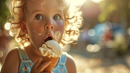 Naklejka premium Child enjoying an ice cream but creating a messy ice cream spill. Sense of joy and carefreeness