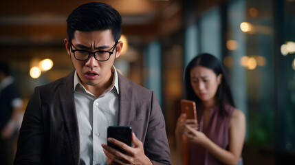 asian people looking at the phone with concern, watching a bad news on the phone - obrazy, fototapety, plakaty
