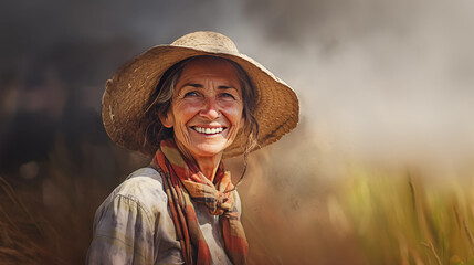 Portrait of a farmer woman smiling - obrazy, fototapety, plakaty