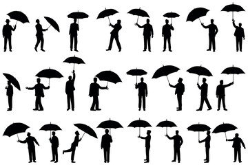 Collection of silhouettes of men carrying umbrellas