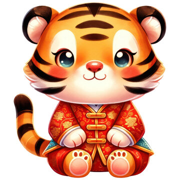 Cute Tiger Chinese Zodiac Animal Calendar, Watercolor, Chinese New Year, Celebration, Isolated on Transparent Background. Generative AI
