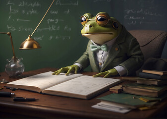 close-up Intelligent Frog Frog teacher with book in class room, education concept, school concept - obrazy, fototapety, plakaty
