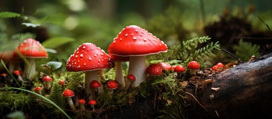 Red toadstools shine on the forest floor.