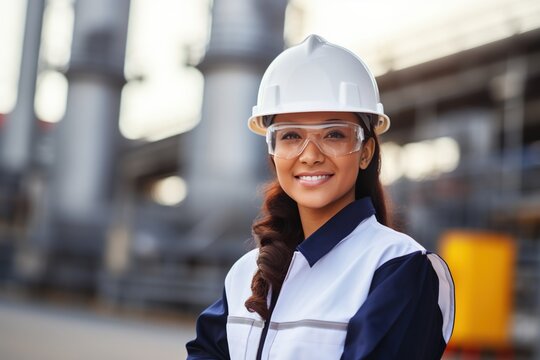 Confident female engineer wearing hardhat and safety glasses at industrial site