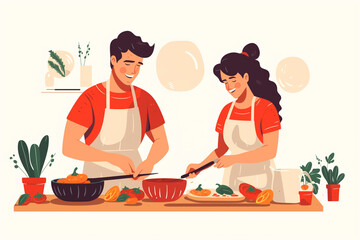 Cartoon picture of a couple helping each other cook in the kitchen. Generative Ai.