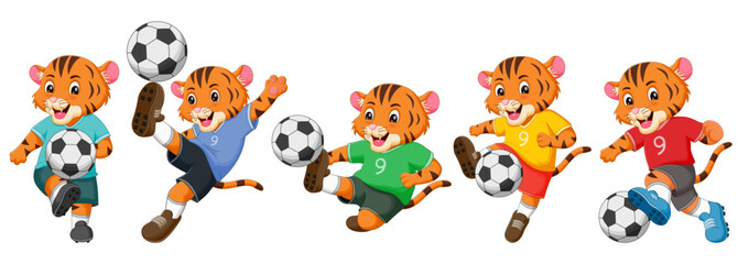 Set of tiger cartoon playing football. Vector illustration