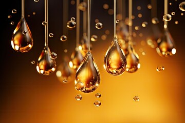 Golden Oil Drops Falling with a Shimmering Background