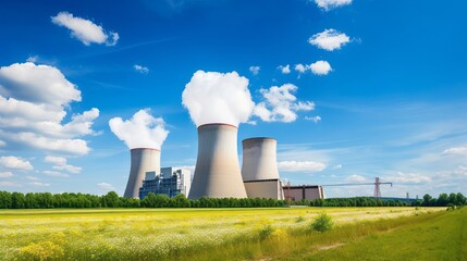 Fototapeta na wymiar Nuclear power plant cooling tower against a blue sky