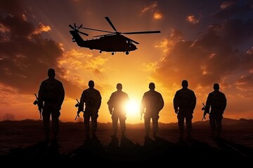  Silhouettes of Military Soldiers with Helicopter at Sunset - obrazy, fototapety, plakaty