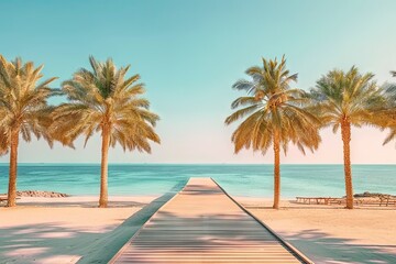 Tropical paradise getaway. Breathtaking ocean view from wooden pier on luxurious resort island...