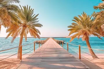 Tropical paradise getaway. Breathtaking ocean view from wooden pier on luxurious resort island showcasing clear blue waters palm trees and stunning sunset