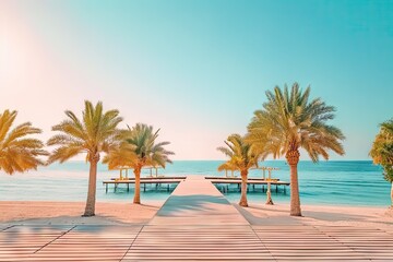 Tropical paradise getaway. Breathtaking ocean view from wooden pier on luxurious resort island...
