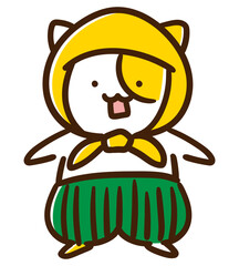 Obraz premium 防災頭巾をかぶってキメ顔をするかわいいねこのキャラクターのデフォルメイラスト