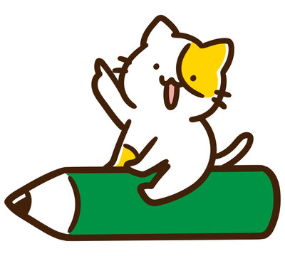 鉛筆の上に乗って上を指差すかわいいねこのキャラクターのデフォルメイラスト