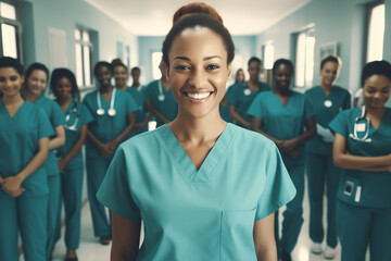 Portrait of friendly medical personnel standing and smiling, demonstrating good service,refers to the work of medical personnel who affirm their professionalism and are happy. Generative Ai. - obrazy, fototapety, plakaty