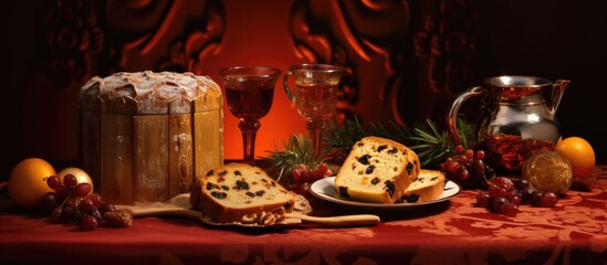 Naklejka premium Holiday Panettone with raisins and dried fruits on a red tabletop, adorned with champagne and Christmas decorations, offering a warm and cozy seasonal ambiance.