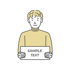 白い長方形のボードを持つパーマヘアーの男性