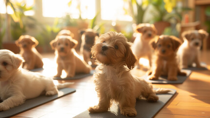 Pets fitness and wellness concept. Cutest Puppy Yoga Class: Diverse Dogs Breeds Master the Upward Dog Pose in Cute Funny Display of Pet Fitness and Wellness. Image made with Generative AI Technology - 708822908
